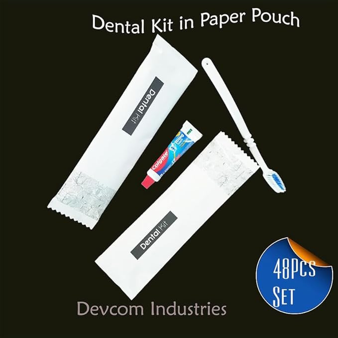 Dental Kit-48 pcs- with 12 grams Toothpaste - (48 Set) Dental Kit Set with paste & toothbrush- packed in eco friendly paper pouch-for Hotel -resorts-Guest-Toiletry use, for Travel