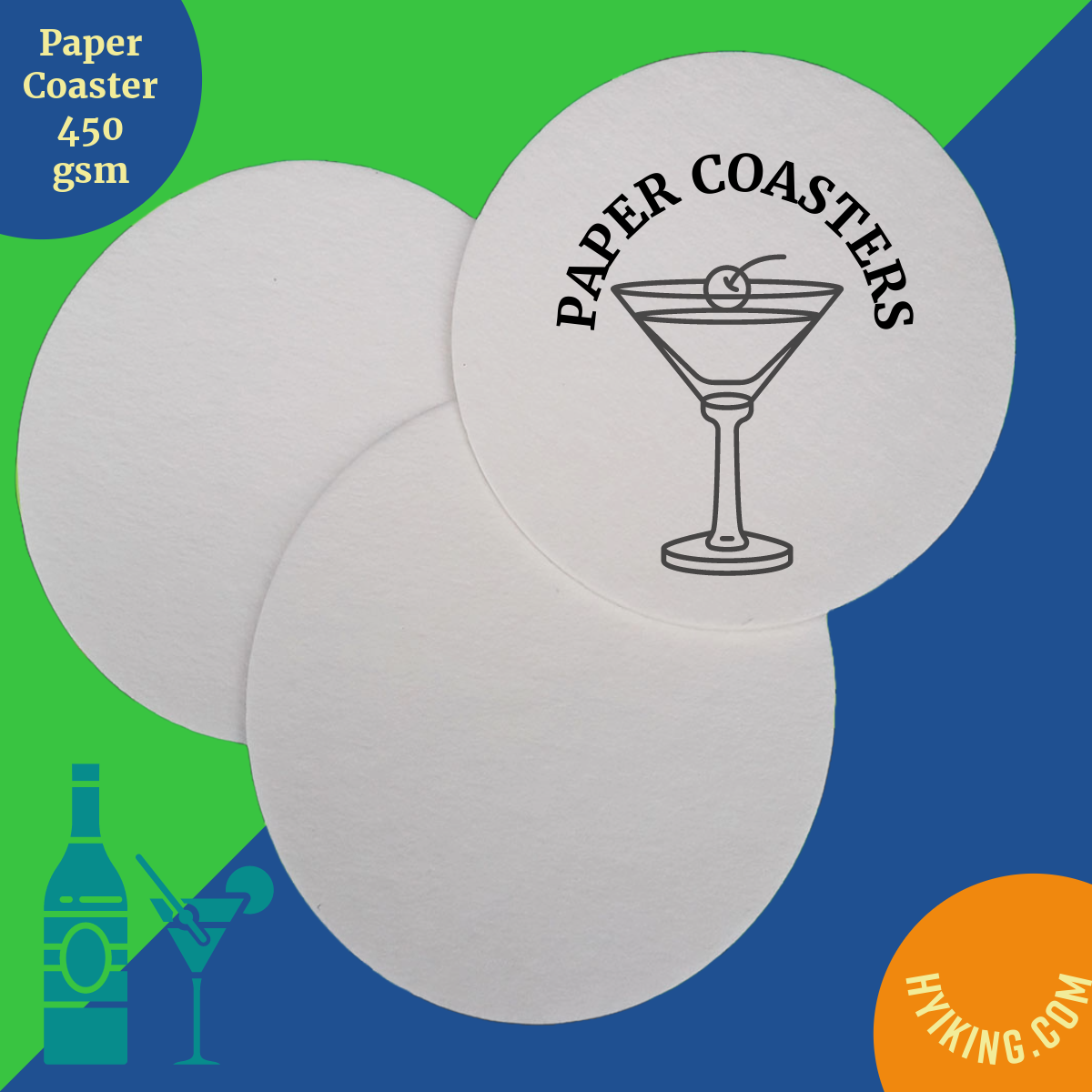 500 pieces of absorbent coasters made from 450 GSM paper, ideal for use in bars, restaurants, and pubs.