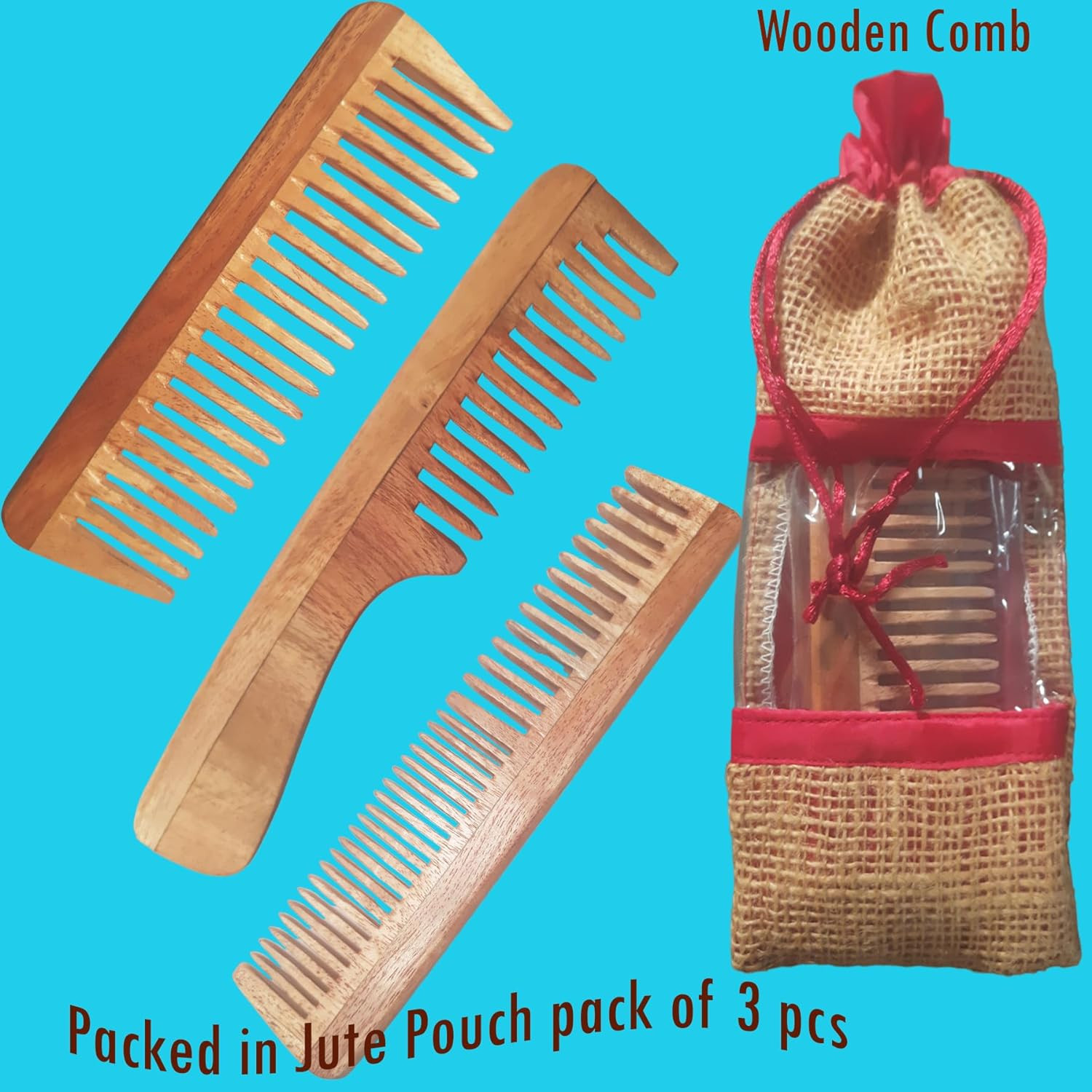Zicniccom-Neem Wood Comb(3 pcs) For Hair Growth-Hair treatments | Hair comb set combo for Women & Men|Combs for Spa-Hair clinic | Neem Kangi | Kanghi for Hair (set of 3pcs/pieces comb),in Jute Packing
