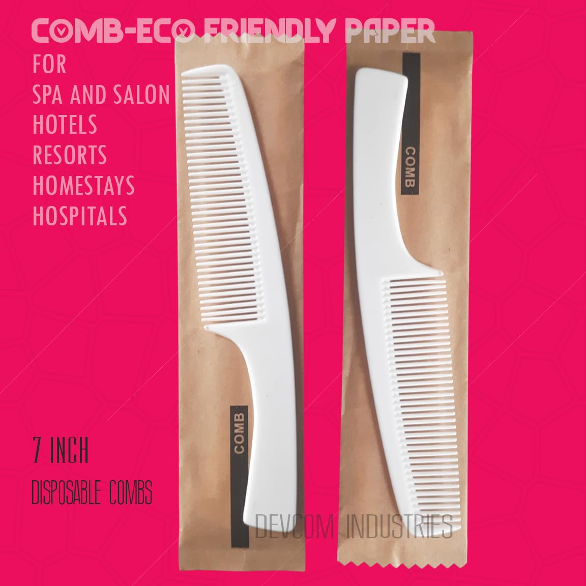 Zicniccom Hair Comb for Hotel-(50 pcs) BROWN KRAFTPAPER POUCH-PACKED-Disposable Pocket Plastic Combs for hotels, salons,SPA, Guest amenities, AirBNB,Travel hair comb
